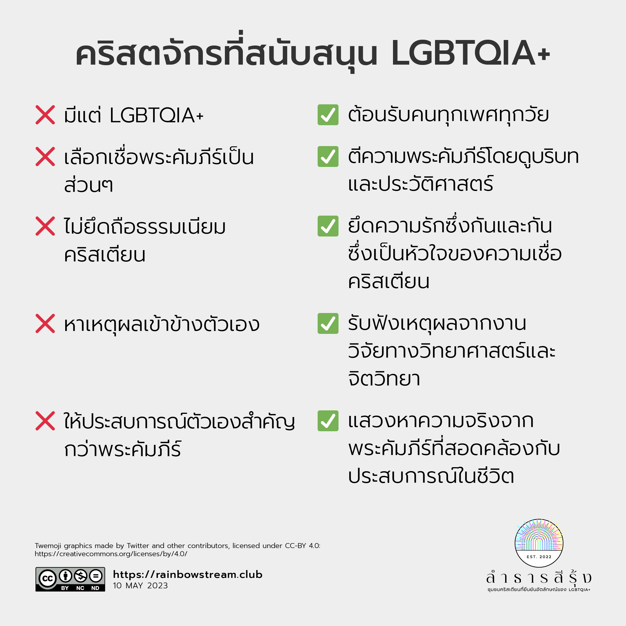 คริสตจักรที่สนับสนุน LGBTQIA+ ต้อนรับคนทุกเพศทุกวัย ตีความพระคัมภีร์โดยดูบริบทและประวัติศาสตร์ ยึดความรักซึ่งกันและกันซึ่งเป็นหัวใจของความเชื่อคริสเตียน รับฟังเหตุผลจากงานวิจัยทางวิทยาศาสตร์และจิตวิทยา แสดงหาความจริงจากพระคัมภีร์ที่สอดคล้องกับประสบการณ์ในชีวิต